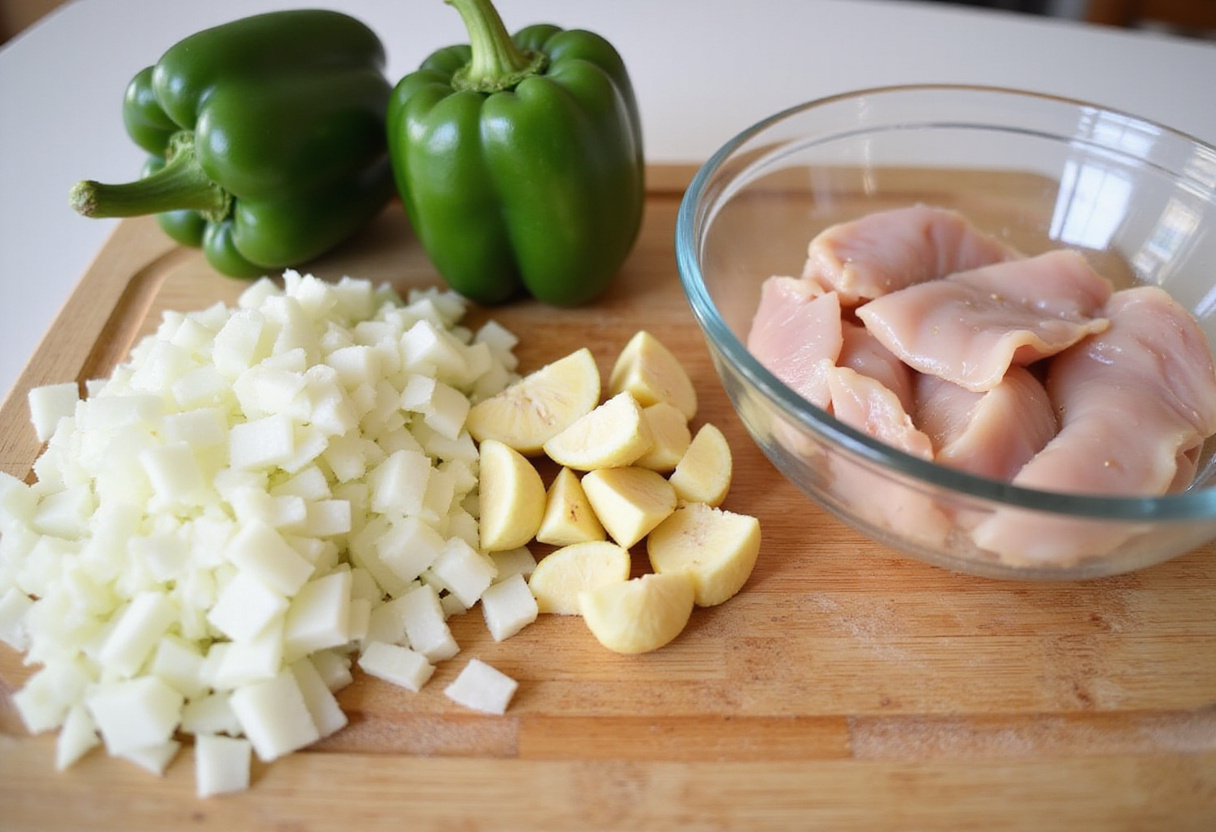 Ingredientes picados preparados para arroz caldoso con pollo