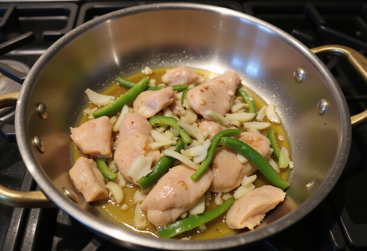 Sofrito de pollo y verduras para arroz caldoso con pollo clásico