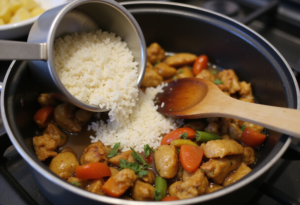 Arroz añadido al sofrito en el pote para arroz caldoso con pollo