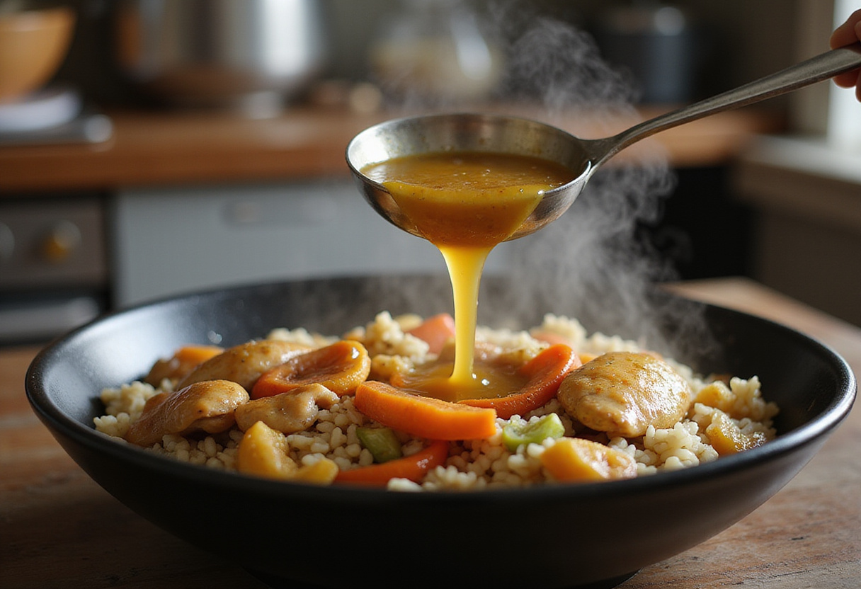 Vertido de caldo de pollo en arroz caldoso con pollo en cocción