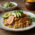 Plato de arroz con pollo a la colombiana con aguacate y ensalada listo para servir