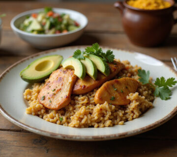 Plato de arroz con pollo a la colombiana con aguacate y ensalada listo para servir