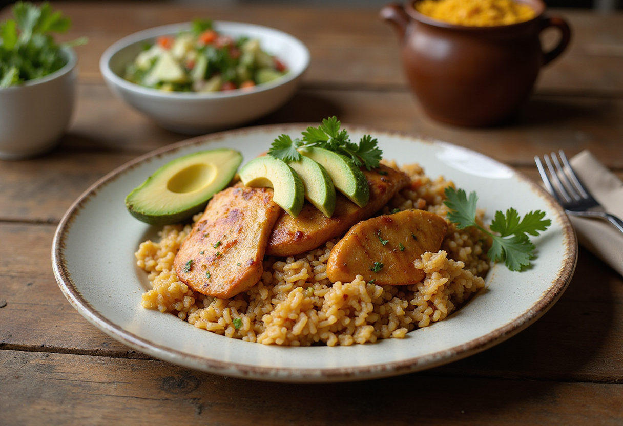 Plato de arroz con pollo a la colombiana con aguacate y ensalada listo para servir