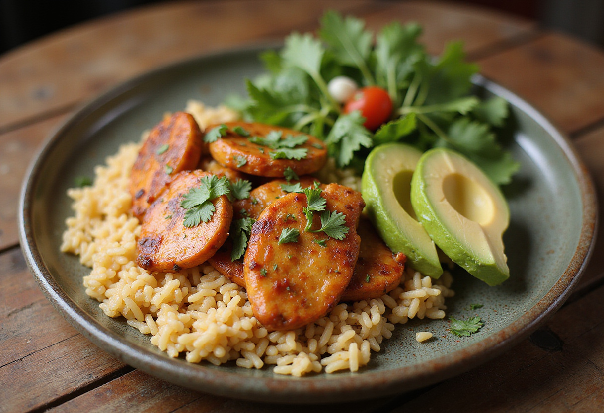 Plato de arroz con pollo a la colombiana con aguacate y ensalada listo para servir