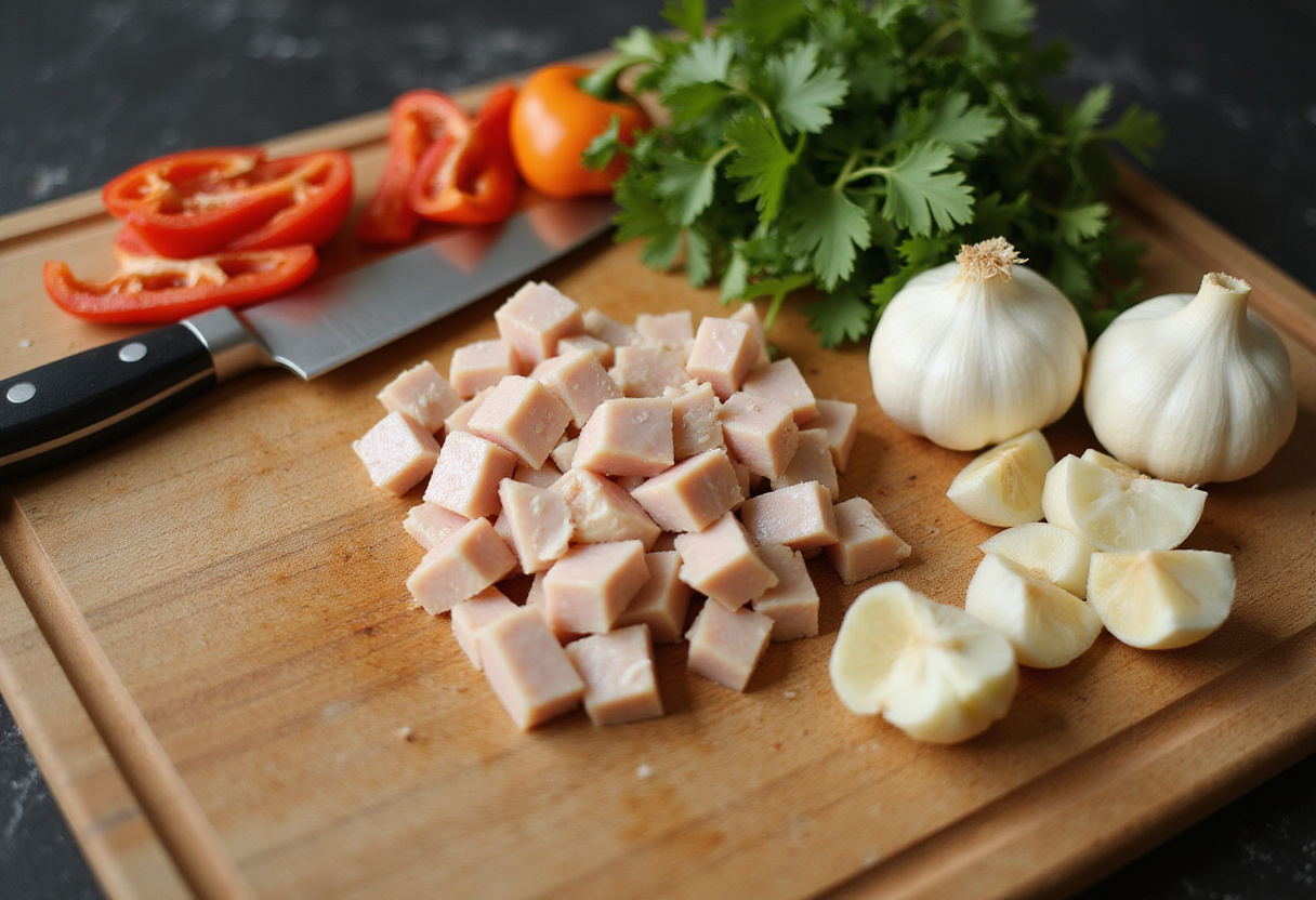 Preparación de ingredientes para arroz con pollo a la colombiana con pollo, cebolla, pimentón y cilantro