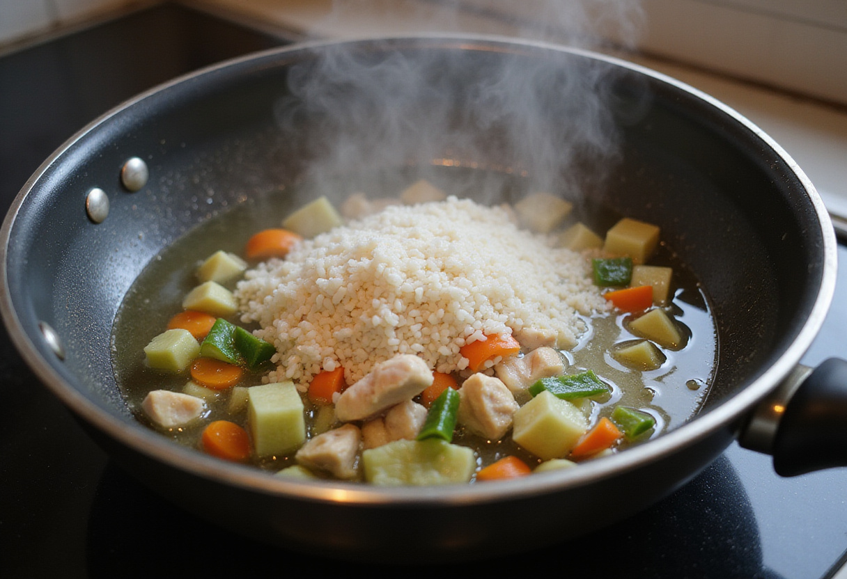 Sofrito de arroz con pollo a la colombiana en olla con pollo y verduras