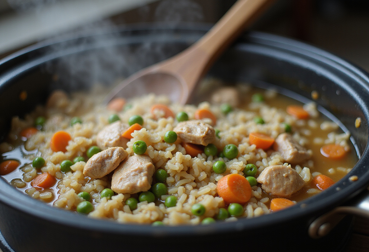 Cocción de arroz con pollo a la colombiana con verduras y caldo en la estufa