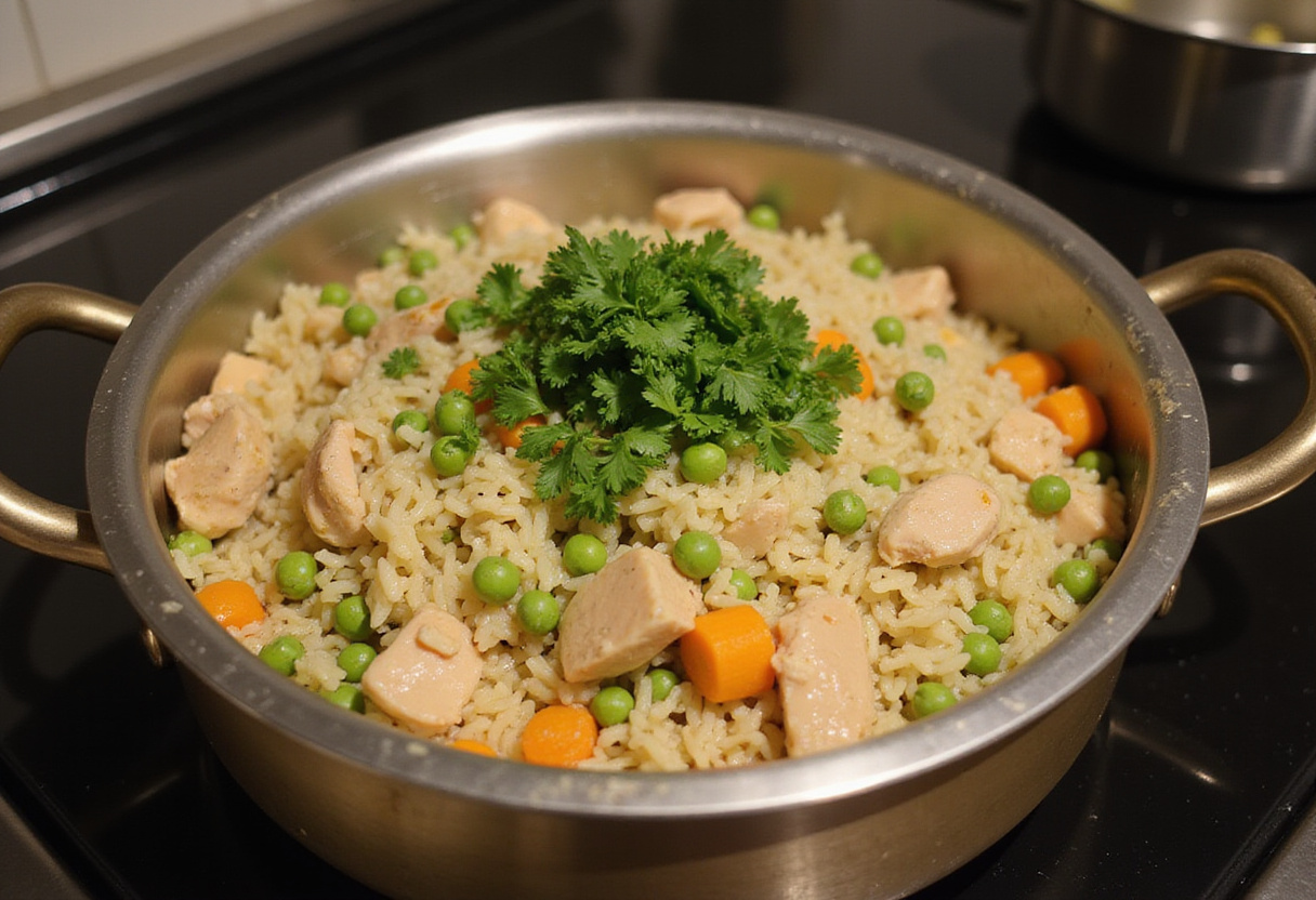 Arroz con pollo a la colombiana casi listo con cilantro y guisantes encima en la olla