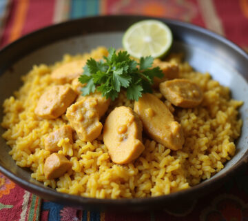 Delicioso plato de arroz con pollo al curry, listo para disfrutar, una receta fácil y rápida de la cocina india.