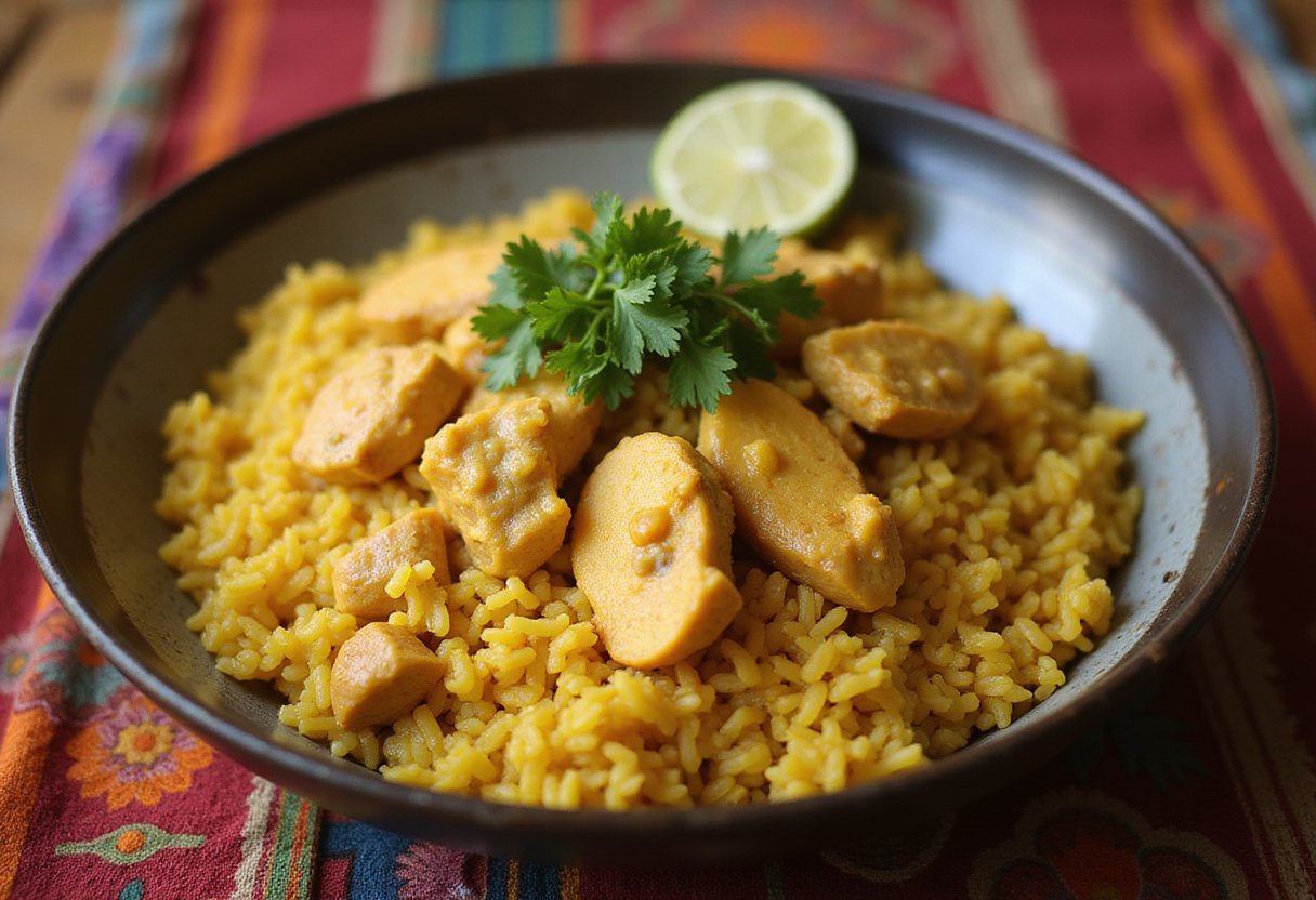 Delicioso plato de arroz con pollo al curry, listo para disfrutar, una receta fácil y rápida de la cocina india.