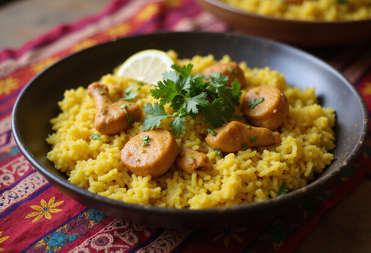 Delicioso plato de arroz con pollo al curry, listo para disfrutar, una receta fácil y rápida de la cocina india.