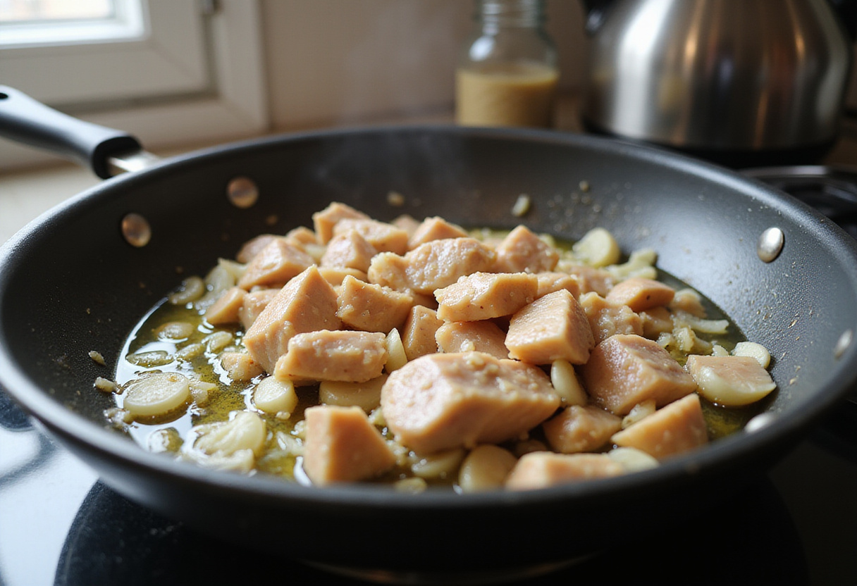 Pollo siendo sofreído para preparar arroz con pollo al curry, una receta popular de la cocina india.