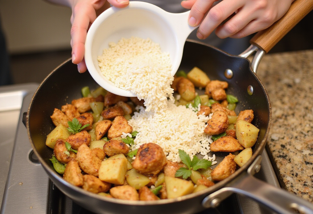 Arroz siendo incorporado al pollo para la elaboración del arroz con pollo al curry, un plato lleno de sabor y especias.