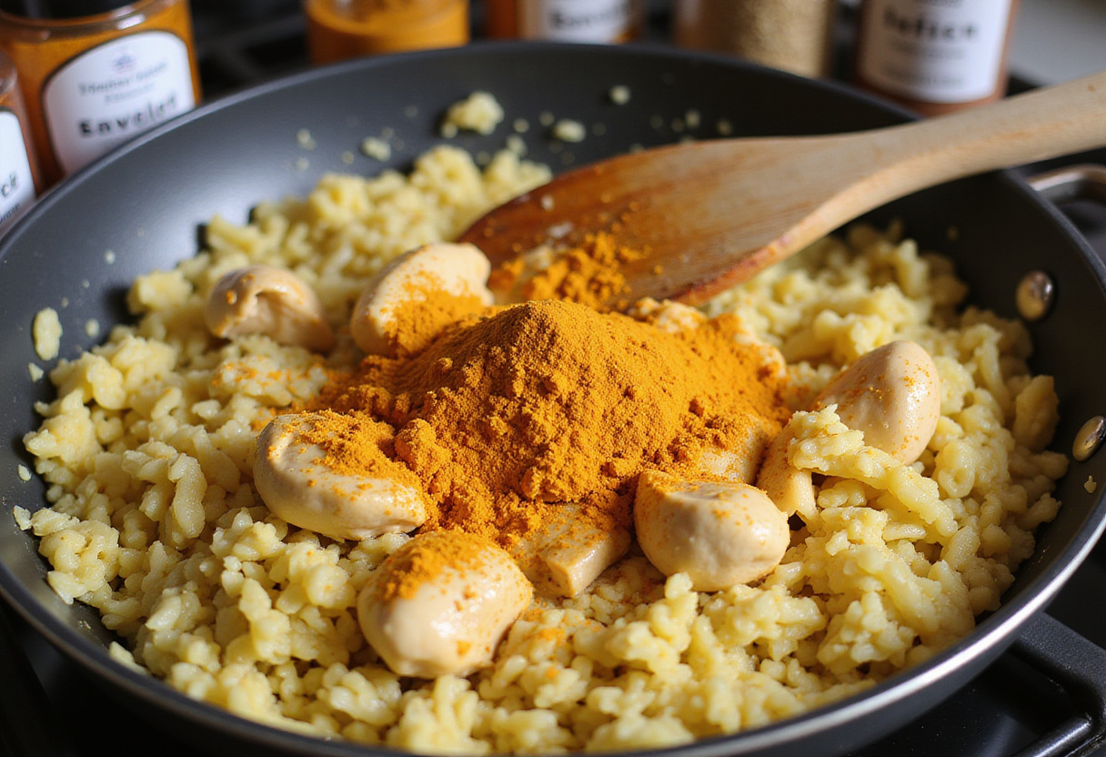 Especias de curry anadiéndose al arroz con pollo, un plato tradicional de la India, resaltando su color y aroma característicos.
