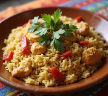 Arroz con Pollo Colombiano servido en plato rústico con cilantro y pimiento rojo sobre mantel colorido.