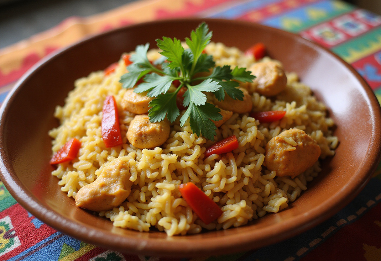 Arroz con Pollo Colombiano servido en plato rústico con cilantro y pimiento rojo sobre mantel colorido.