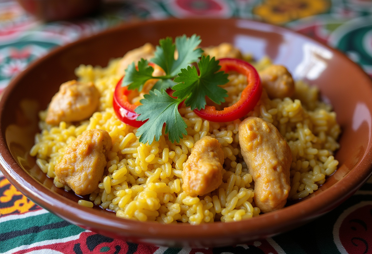 Arroz con Pollo Colombiano servido en plato rústico con cilantro y pimiento rojo sobre mantel colorido.
