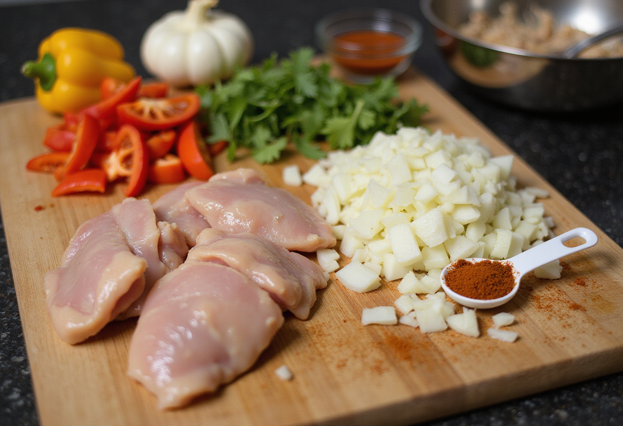 Ingredientes de Arroz con Pollo Colombiano sobre tabla de cortar con pollo, cebolla, pimiento, ajo y especias listos para preparar.