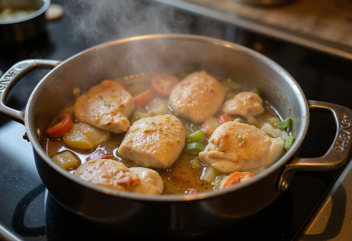 Pollo dorándose con cebolla y pimientos en olla para preparar Arroz con Pollo Colombiano.