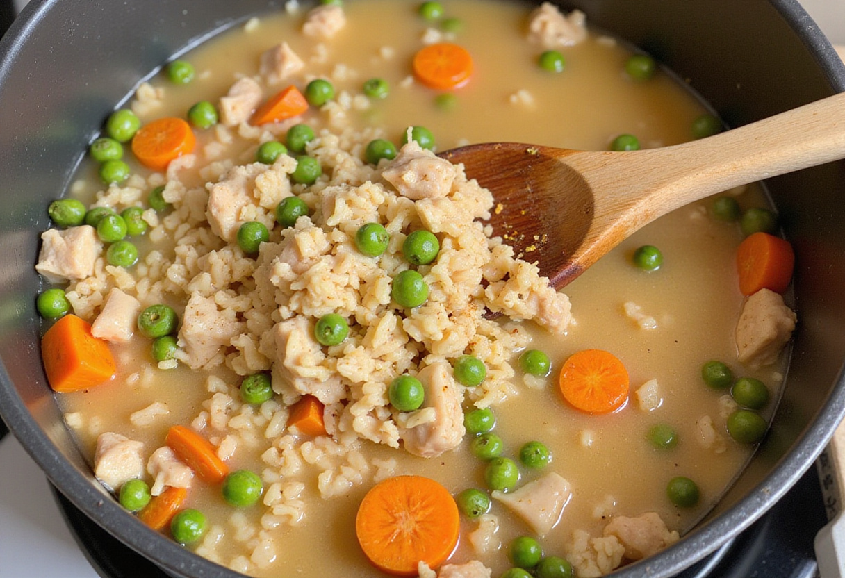 Arroz con Pollo Colombiano cocinándose con arroz, caldo de pollo, zanahorias y arvejas.