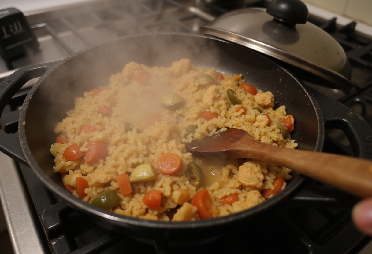 Arroz con Pollo Colombiano cociéndose a fuego bajo con tapa y vapor escapando.