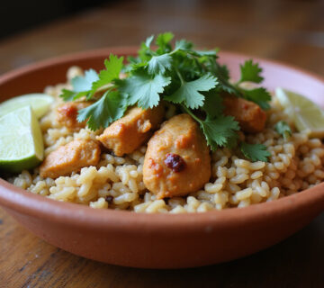 Arroz con pollo de la abuela servido con cilantro fresco y rodajas de lima