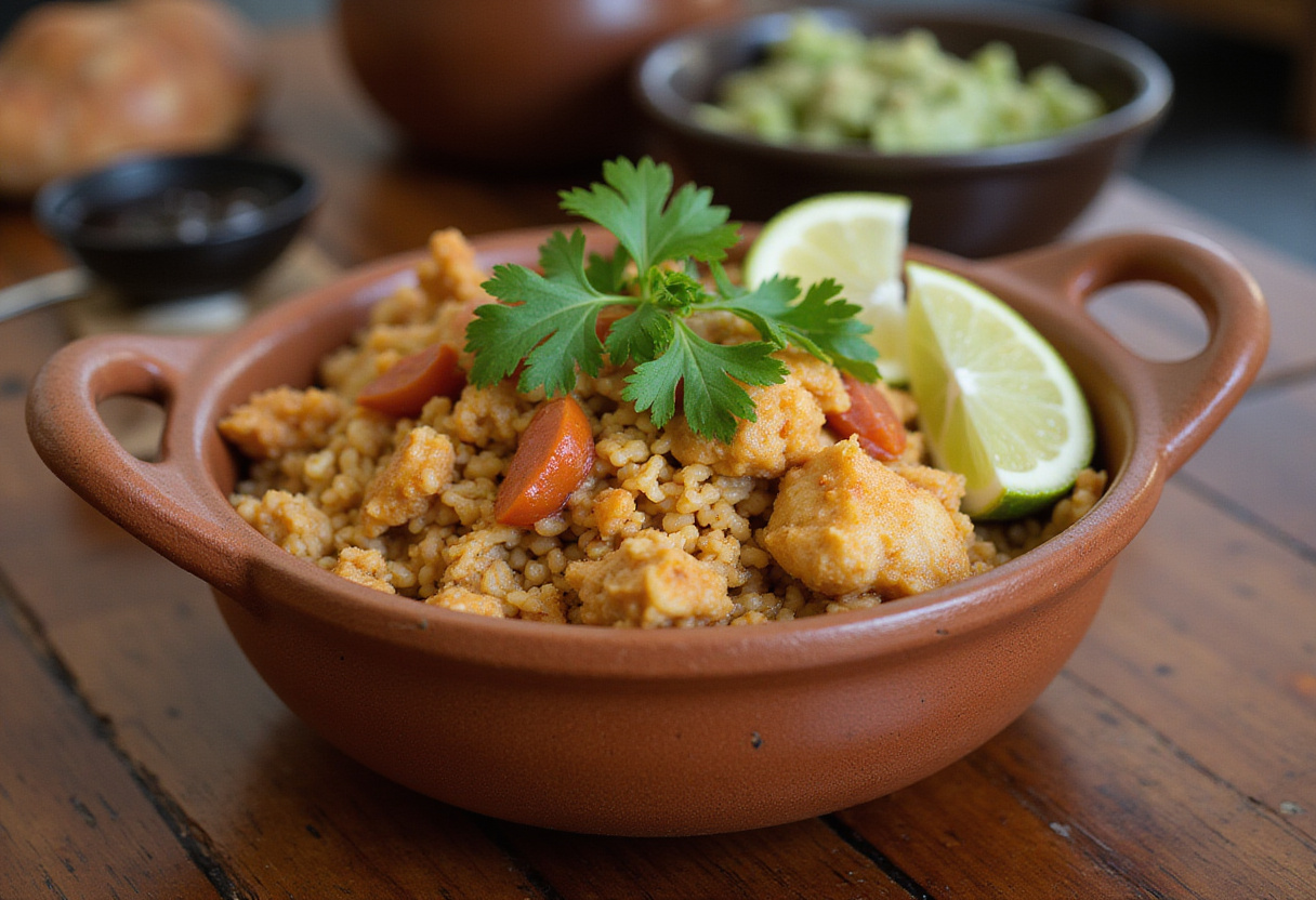Arroz con pollo de la abuela servido con cilantro fresco y rodajas de lima