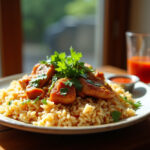 Plato de arroz con pollo peruano adornado con cilantro fresco y salsa criolla, listo para servir.