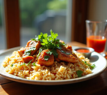 Plato de arroz con pollo peruano adornado con cilantro fresco y salsa criolla, listo para servir.