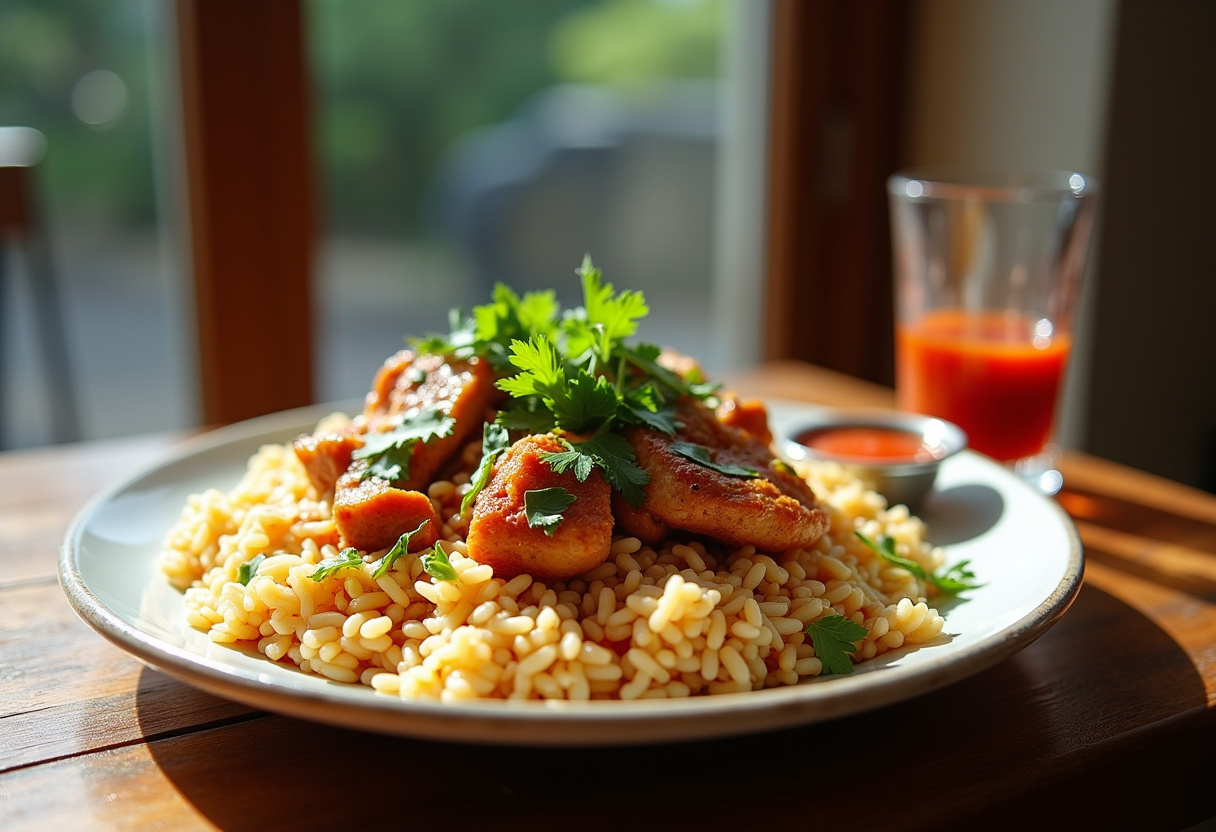 Plato de arroz con pollo peruano adornado con cilantro fresco y salsa criolla, listo para servir.