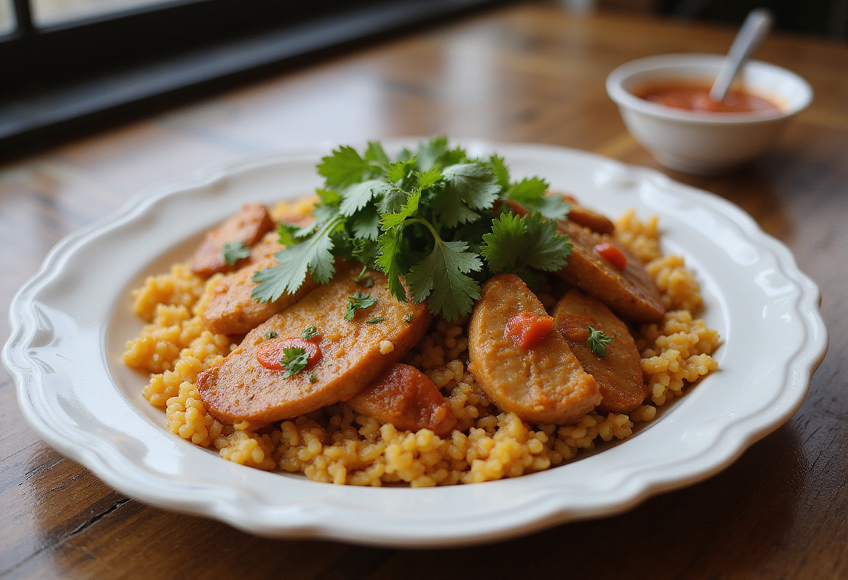 Plato de arroz con pollo peruano adornado con cilantro fresco y salsa criolla, listo para servir.