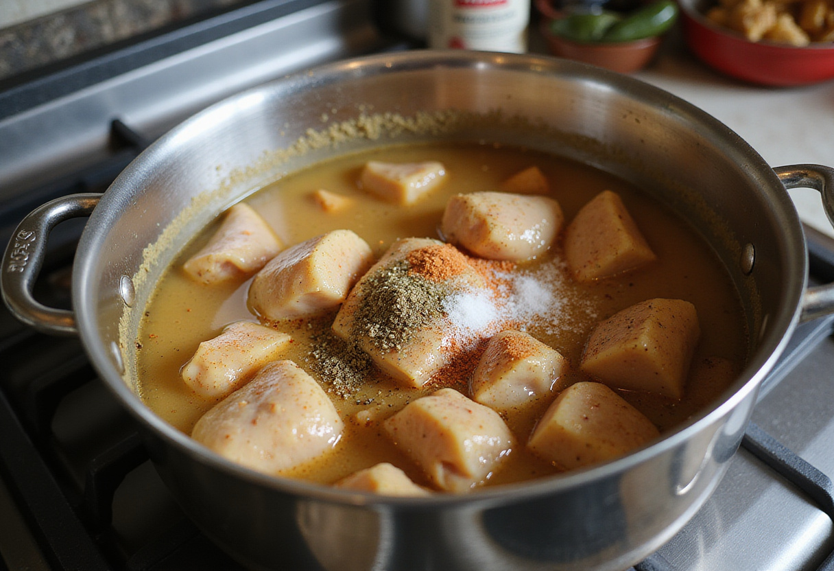 Pollo siendo sazonado con especias para preparar arroz con pollo peruano.