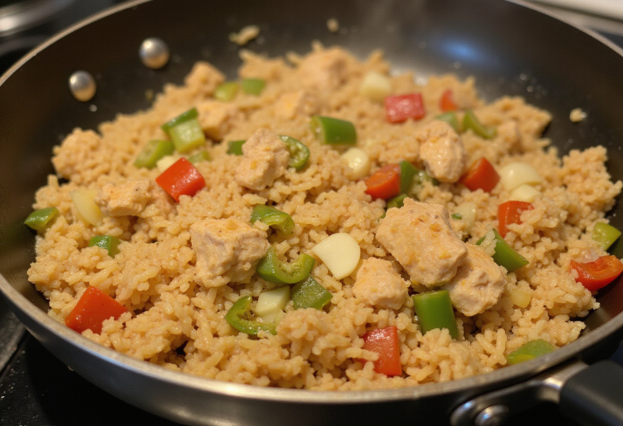Arroz siendo salteado con cebolla, ajo y pimientos para el sofrito del arroz con pollo peruano.