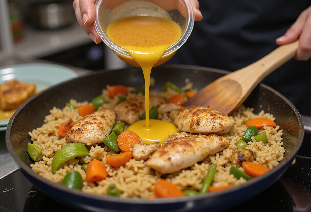 Añadiendo pollo sazonado y caldo de pollo a la mezcla de arroz y vegetales para el arroz con pollo peruano.
