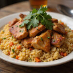 Arroz con pollo tradicional servido con cilantro fresco en un plato vibrante