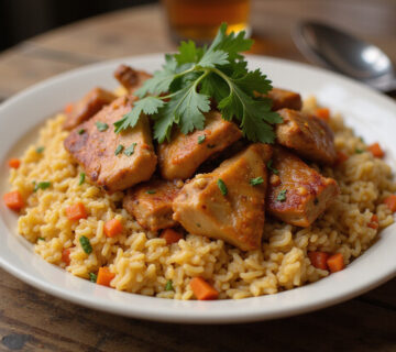 Arroz con pollo tradicional servido con cilantro fresco en un plato vibrante