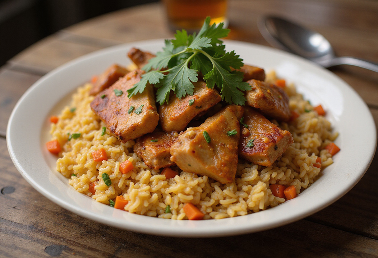 Arroz con pollo tradicional servido con cilantro fresco en un plato vibrante