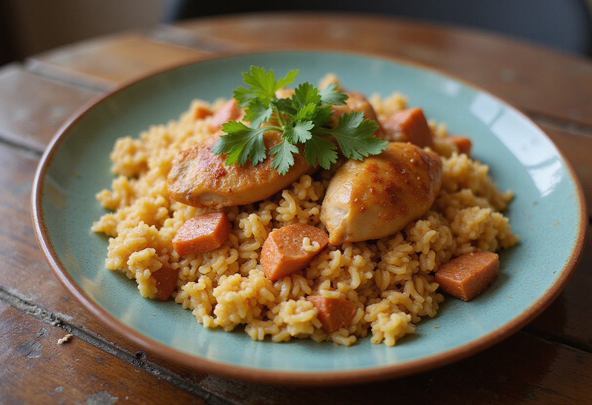 Arroz con pollo tradicional servido con cilantro fresco en un plato vibrante