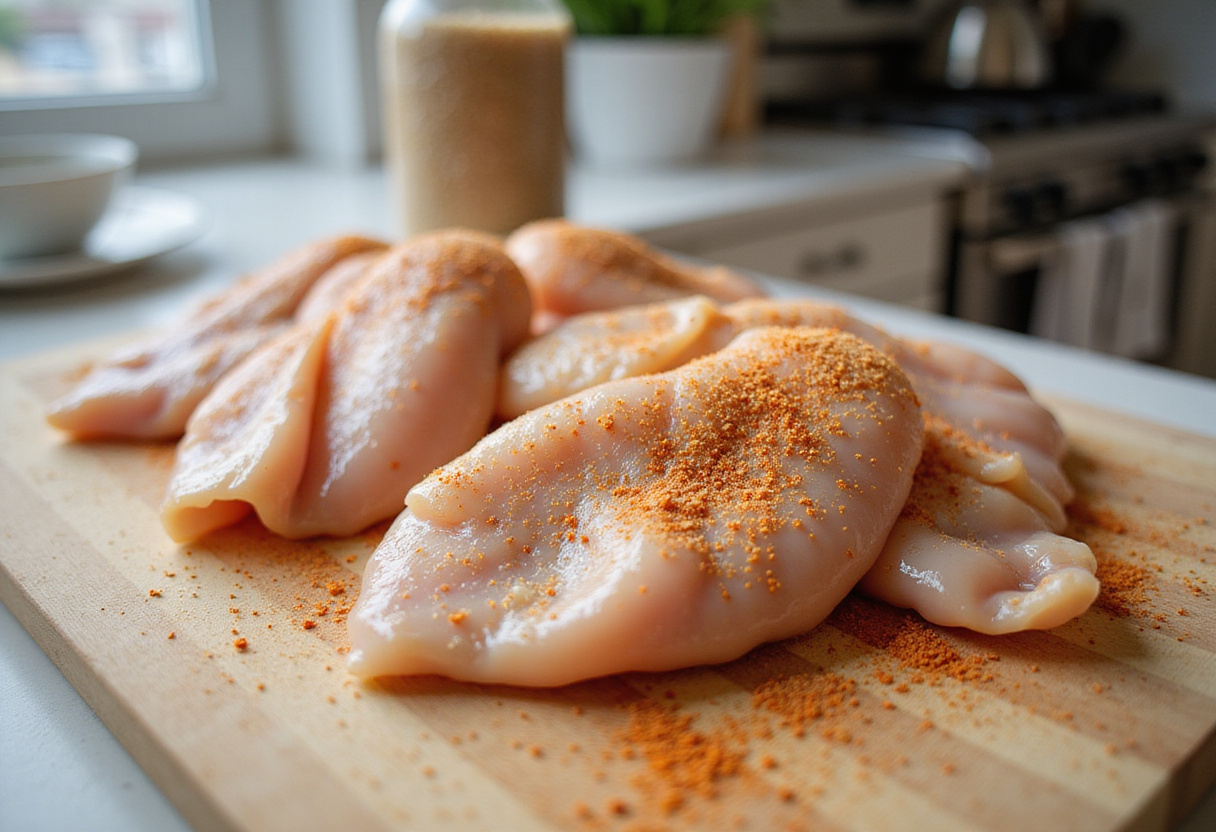 Piezas de pollo crudo sazonadas con especias para preparar arroz con pollo tradicional