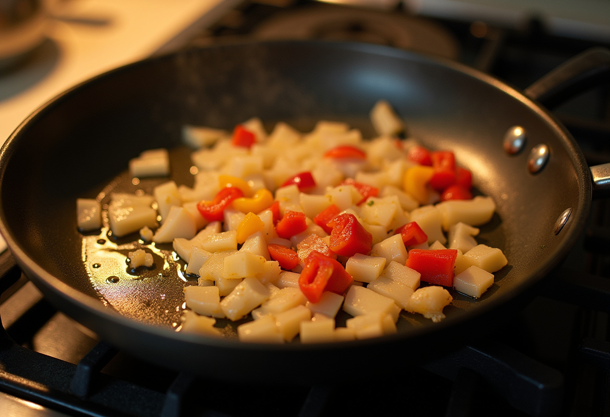 Cebolla, ajo y pimientos sofriéndose en aceite para arroz con pollo tradicional