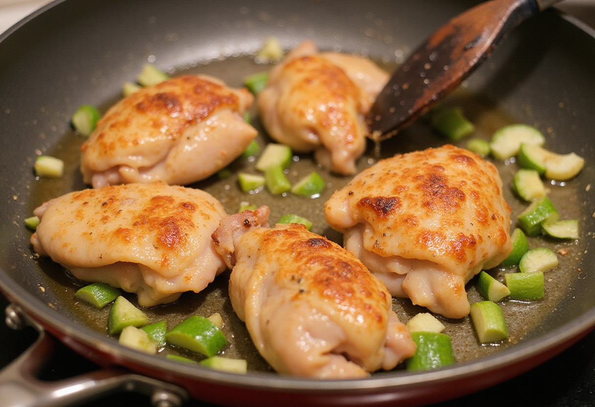 Piezas de pollo dorándose en la sartén con verduras para arroz con pollo tradicional