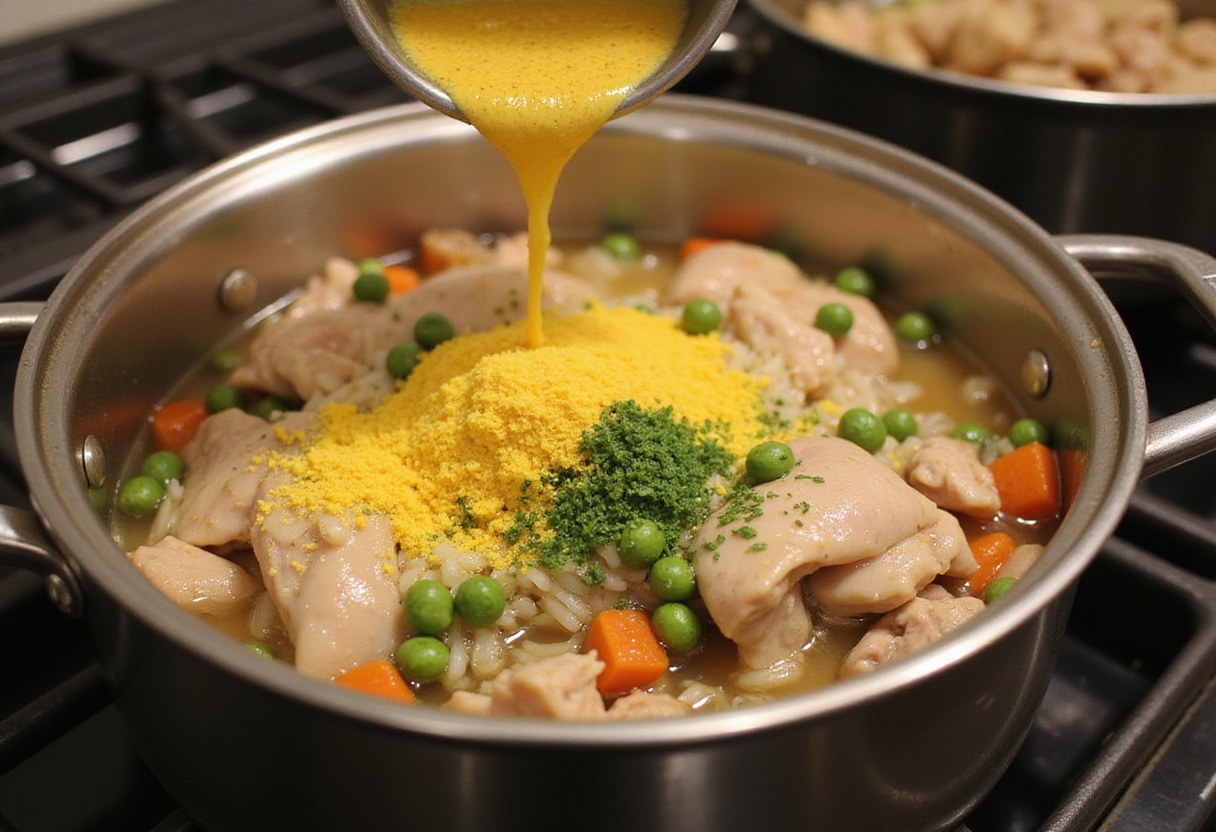 Arroz, caldo de pollo, guisantes y azafrán agregados a la olla para arroz con pollo tradicional