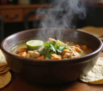 Bol de caldo de pollo receta de la abuela con cilantro, rodajas de lima y tortillas de maíz listo para servir.