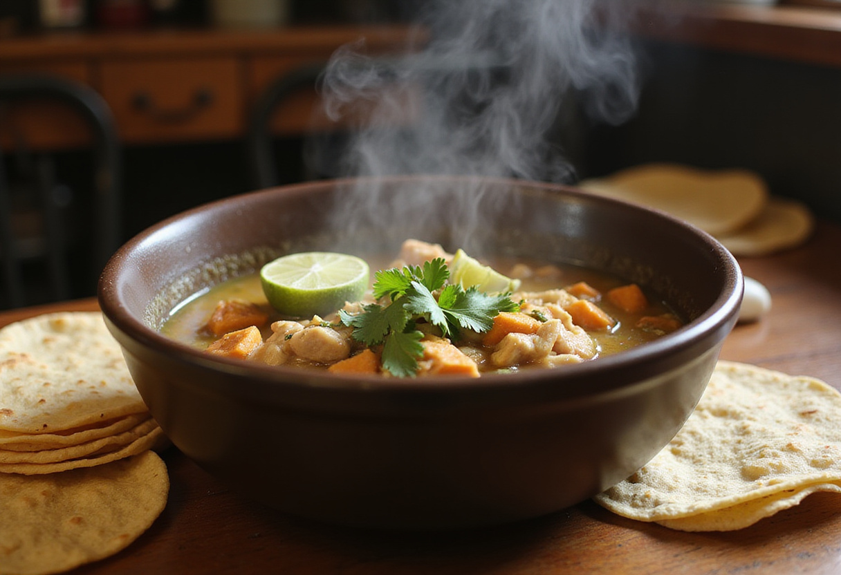 Bol de caldo de pollo receta de la abuela con cilantro, rodajas de lima y tortillas de maíz listo para servir.
