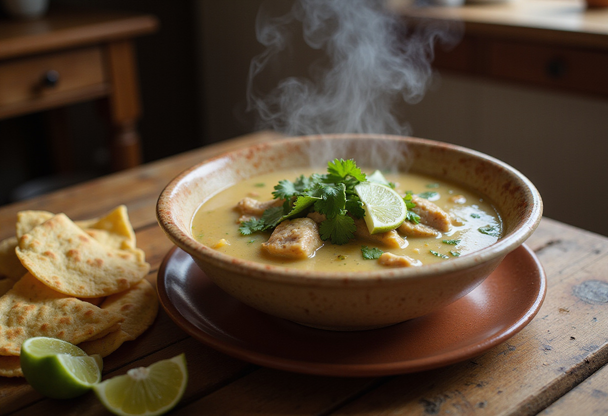 Bol de caldo de pollo receta de la abuela con cilantro, rodajas de lima y tortillas de maíz listo para servir.