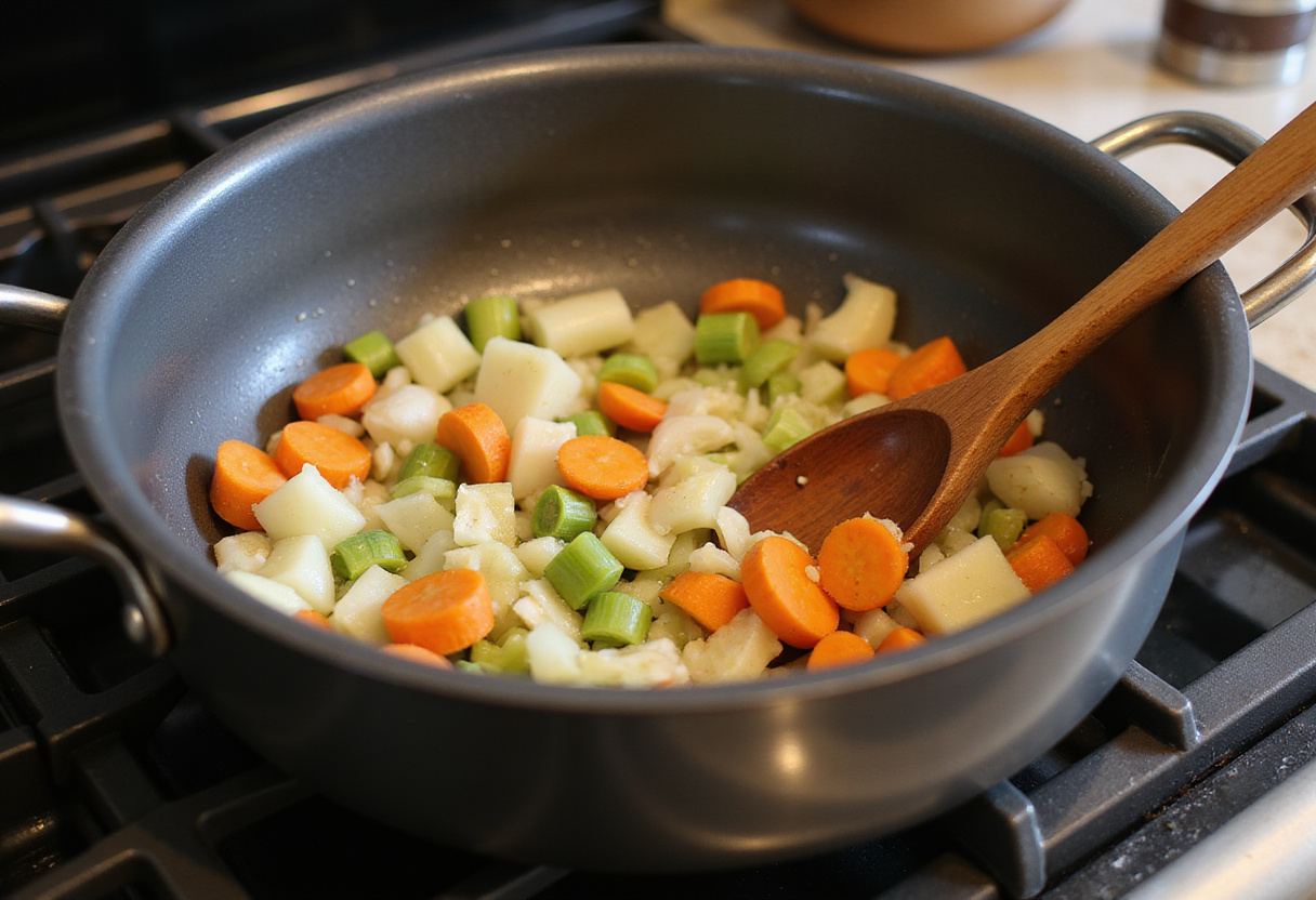 Preparación de verduras para caldo de pollo receta de la abuela con cebolla, zanahoria y apio.