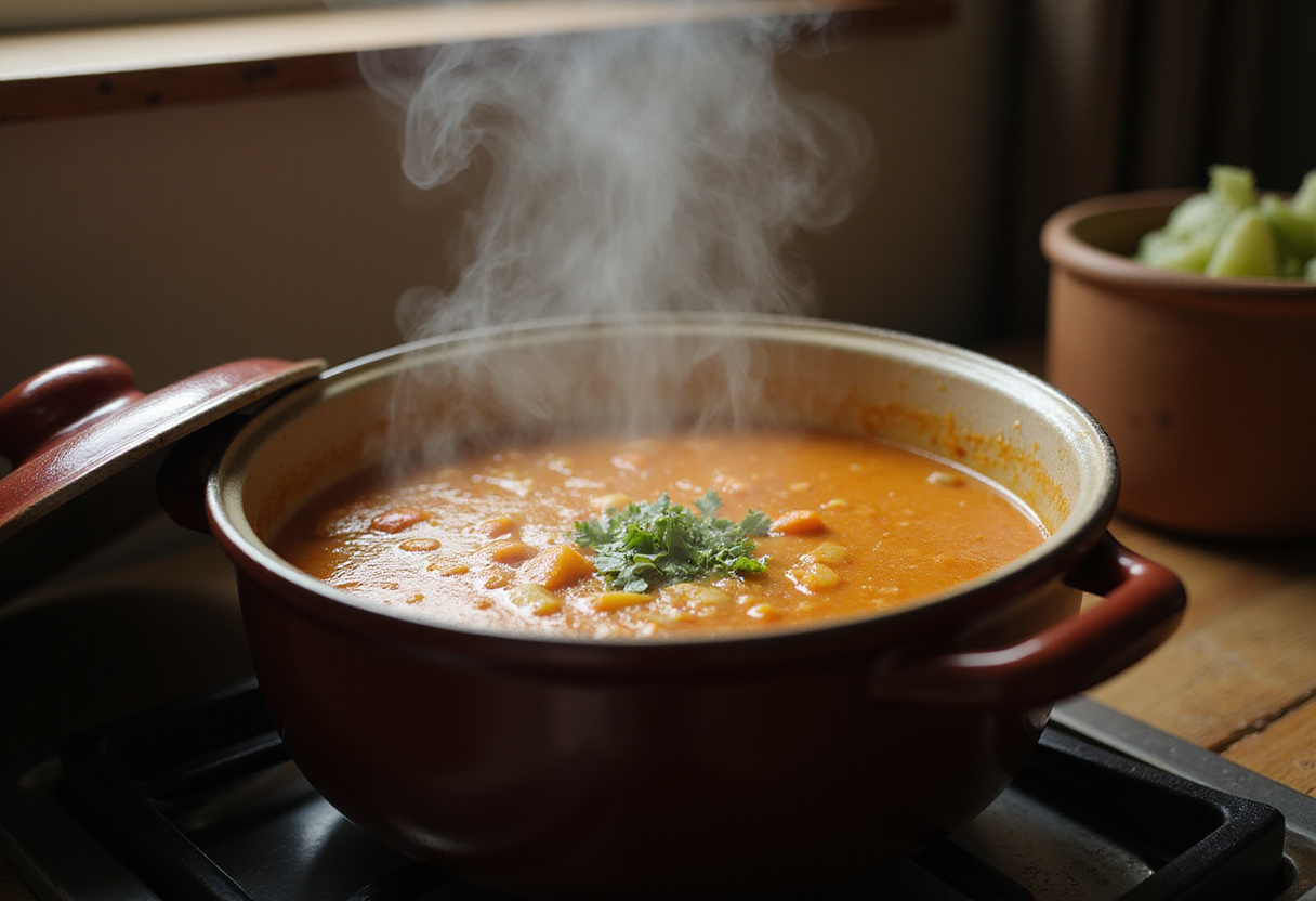 Caldo de pollo receta de la abuela hirviendo a fuego lento en la estufa con tapa.