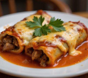 Delicious baked canelones de carne topped with melted cheese and parsley, a traditional Spanish dish.