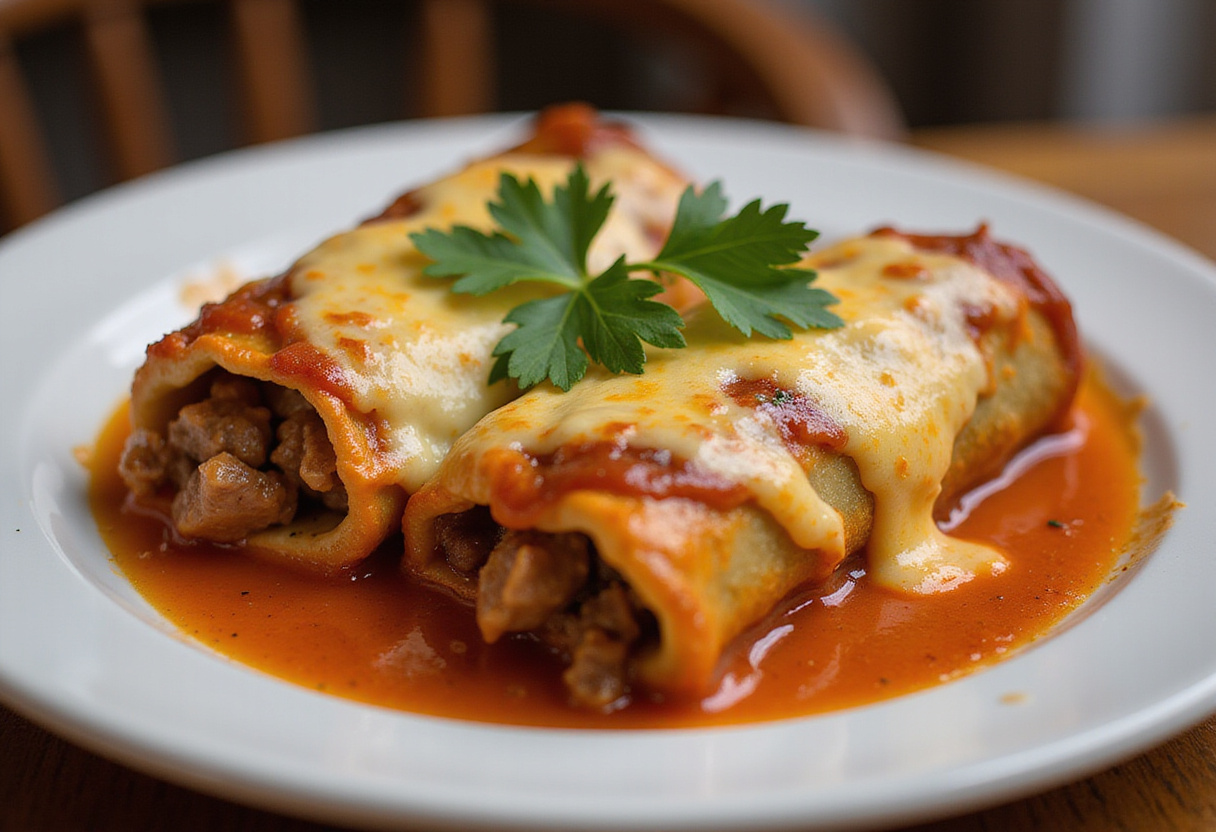Delicious baked canelones de carne topped with melted cheese and parsley, a traditional Spanish dish.