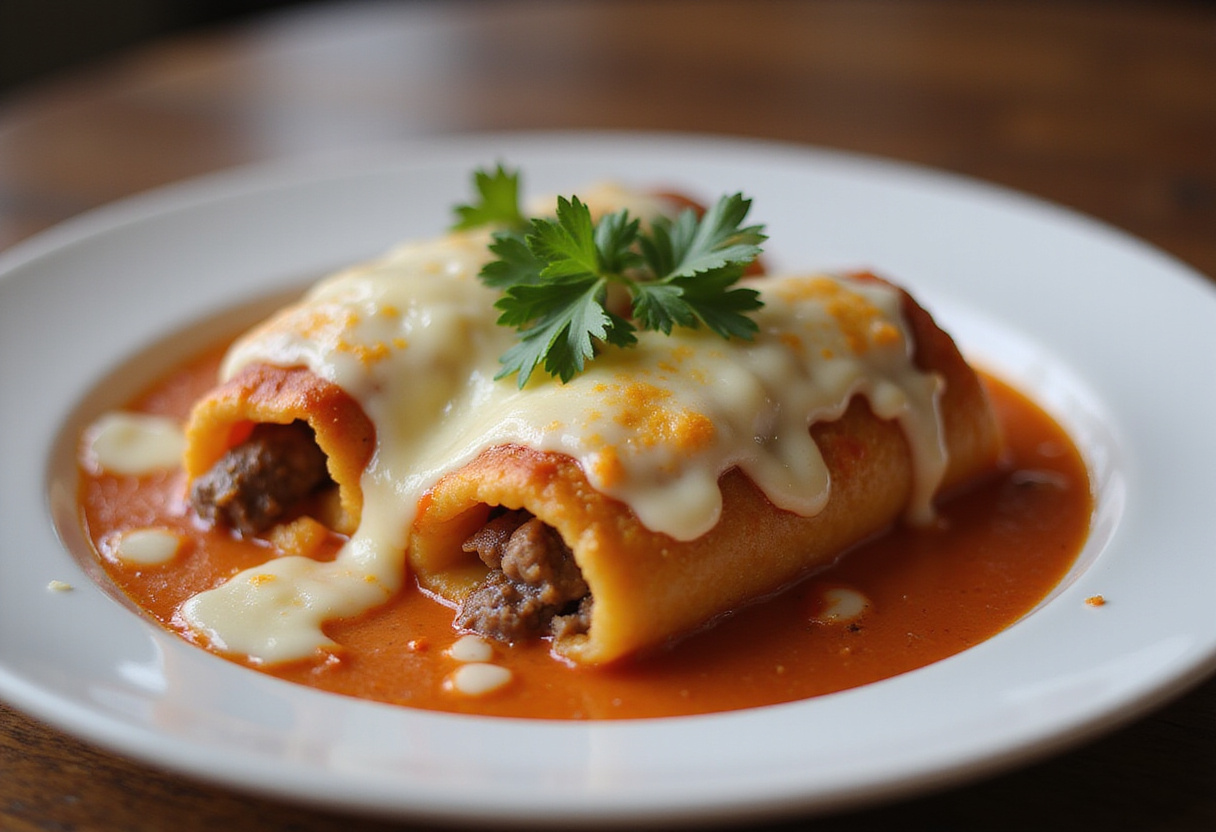 Deliciosos canelones de carne horneados cubiertos con queso derretido y perejil, un plato tradicional español.
